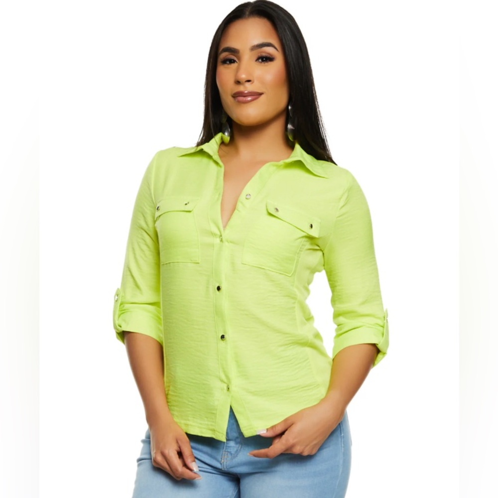 Neon Lime Button-Front Utility Shirt - Women